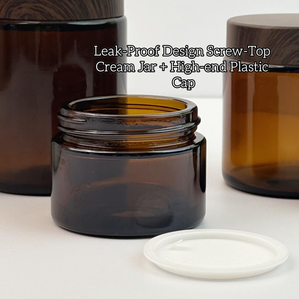 Amber Glass Cream Jars With Plastic Wood Printing Caps