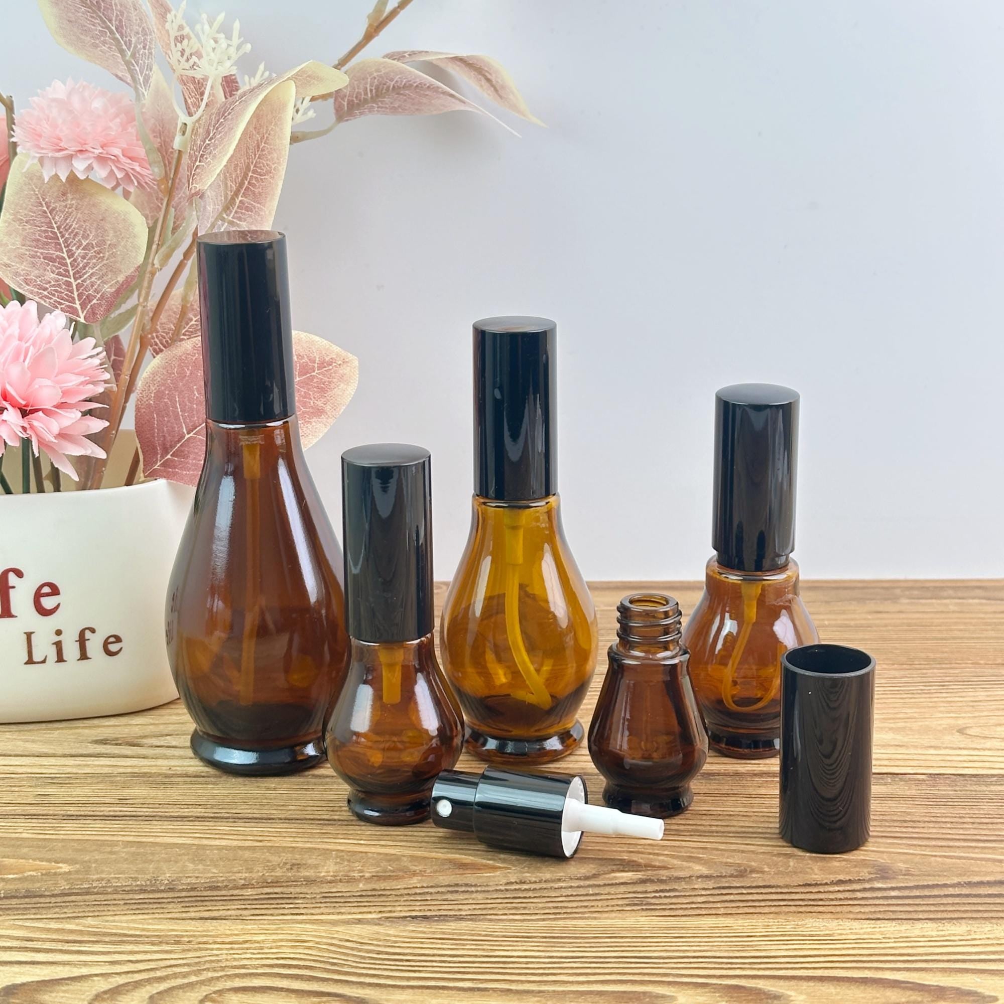 Amber Glass Fine Mist Spray Bottles with Black Caps