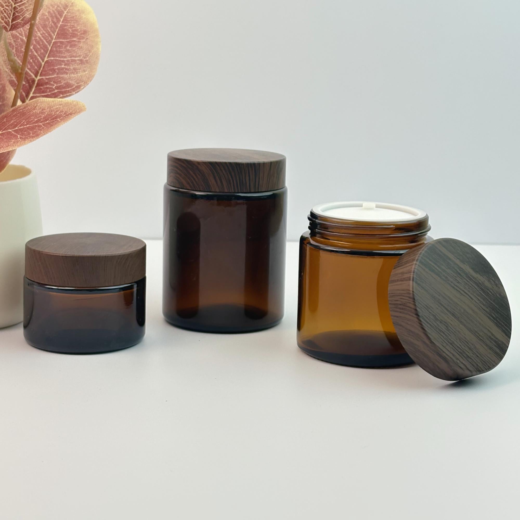 Amber Glass Cream Jars With Plastic Wood Printing Caps
