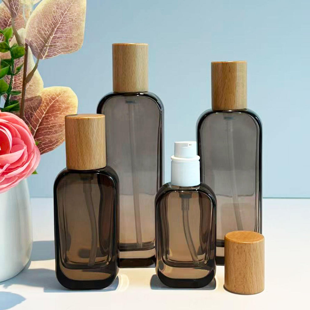 Clear Brown Cosmetic Packaging Set with Natural Wood Cap