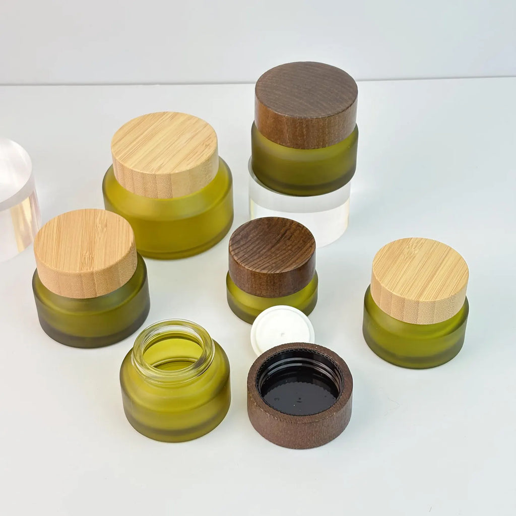 Refillable Frosted Cosmetic Jars with Wood Grain Lid