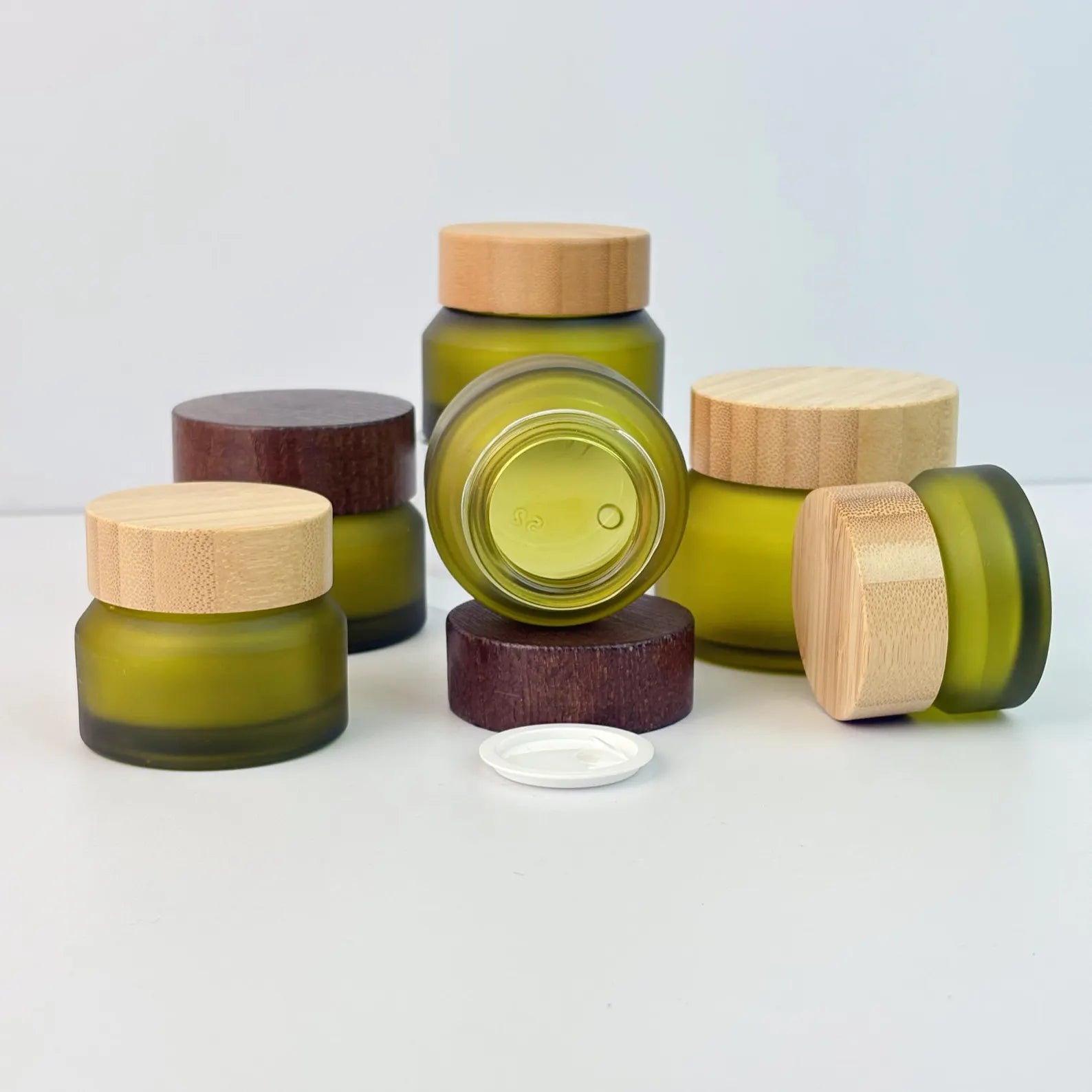 Refillable Frosted Cosmetic Jars with Wood Grain Lid