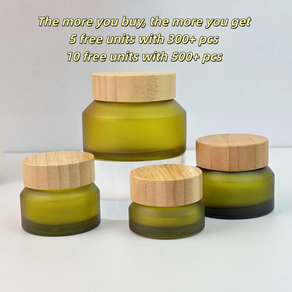 Refillable Frosted Cosmetic Jars with Wood Grain Lid