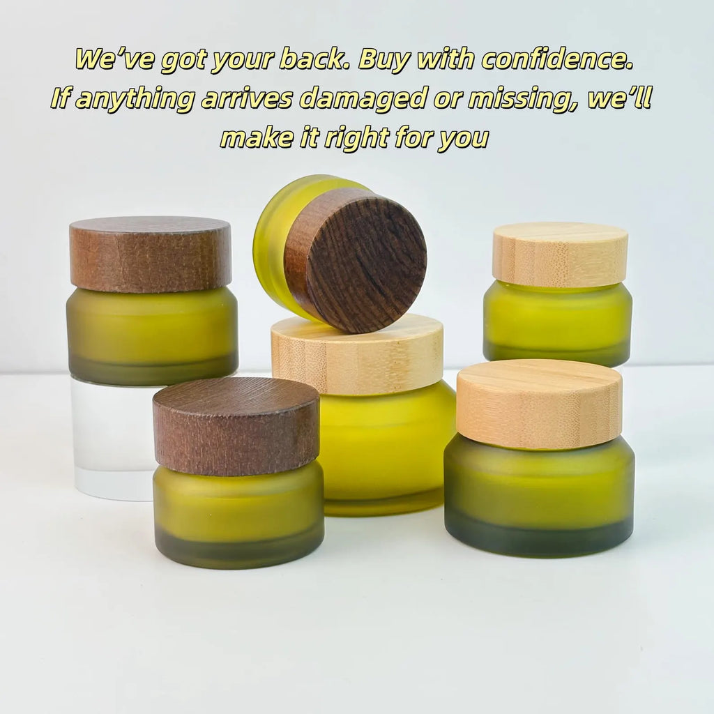 Refillable Frosted Cosmetic Jars with Wood Grain Lid