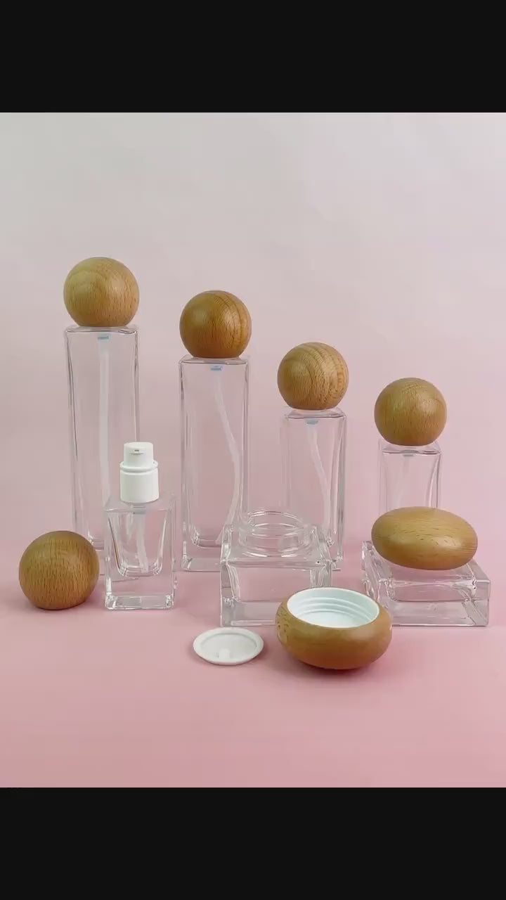Clear Glass Cosmetic Container with Wooden Cap