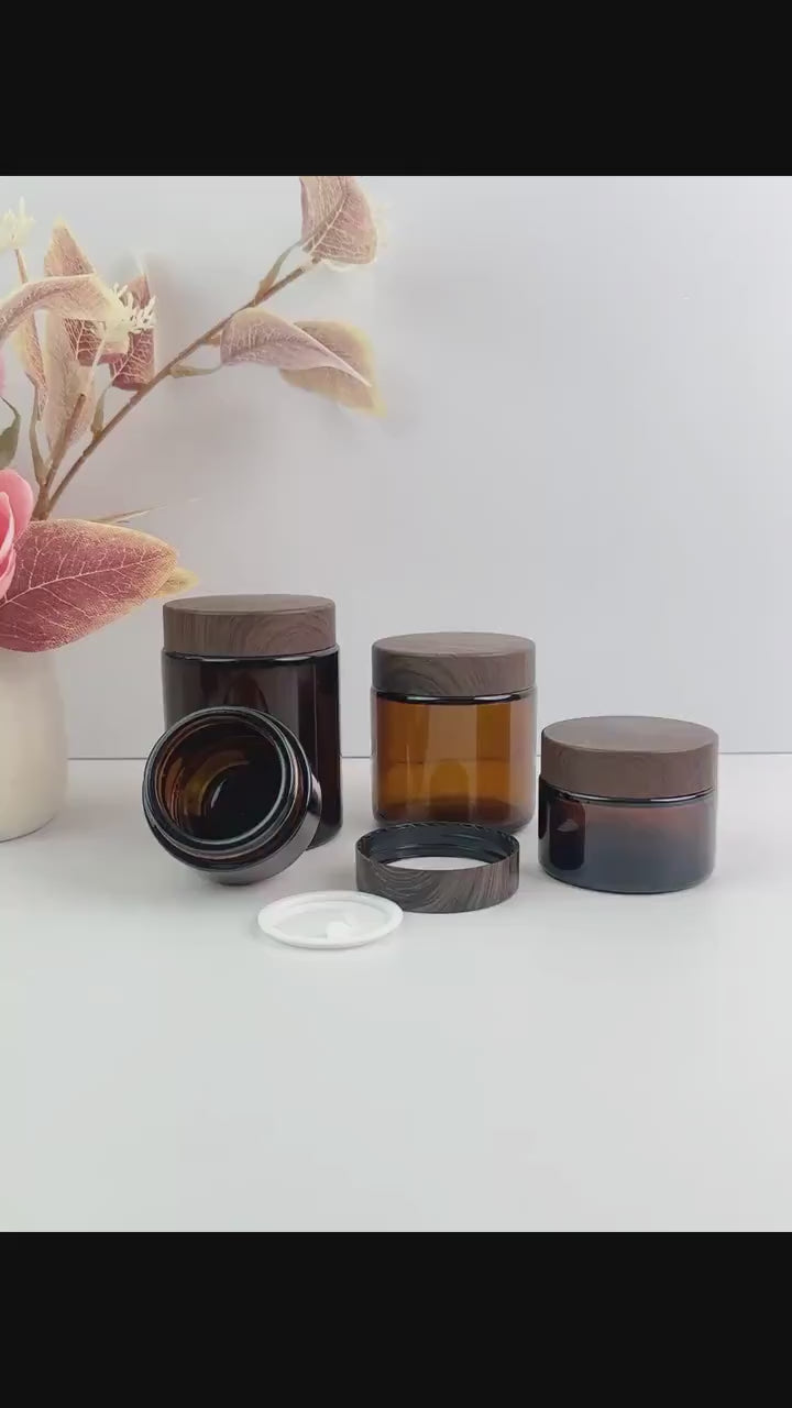 Amber Glass Cream Jars With Plastic Wood Printing Caps