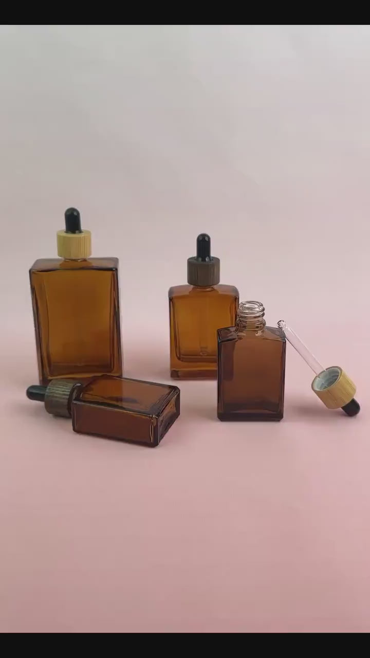Empty Amber Glass Cosmetic Containers with Wooden Cap