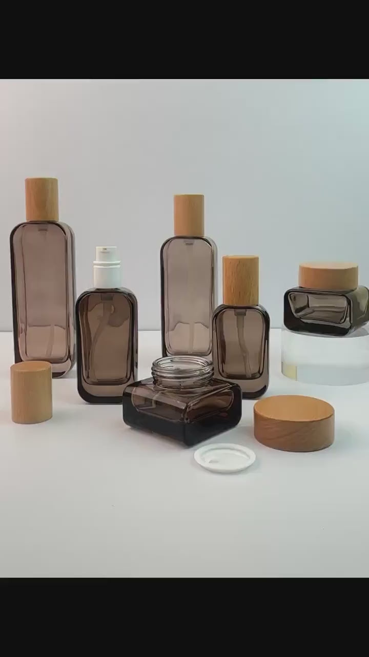 Clear Brown Cosmetic Packaging Set with Natural Wood Cap