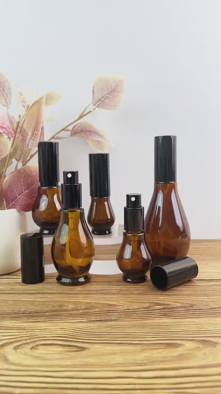 Amber Glass Fine Mist Spray Bottles with Black Caps
