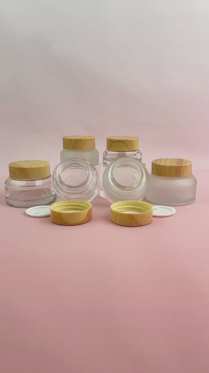 Refillable Glass Cream Jars with Wood-Look Plastic Caps