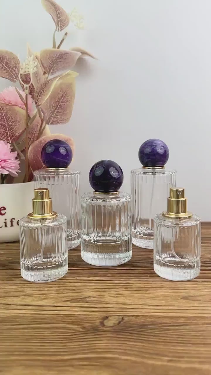 Clear Ribbed Glass Spray Bottle with Purple Ball Cap