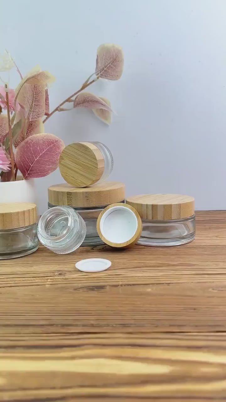 Frosted Glass Cream Jar with Bamboo Cap, Empty Cosmetic Container