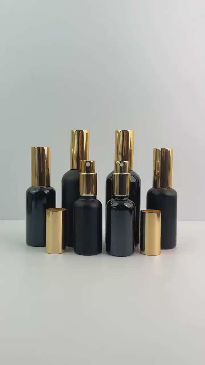 Black Glass Atomizer Bottles with Gold Cap