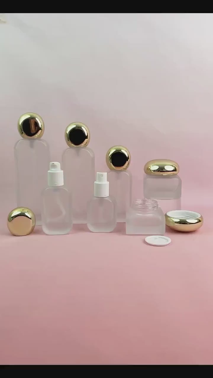 Frosted Glass Skincare Container with Light Gold Caps