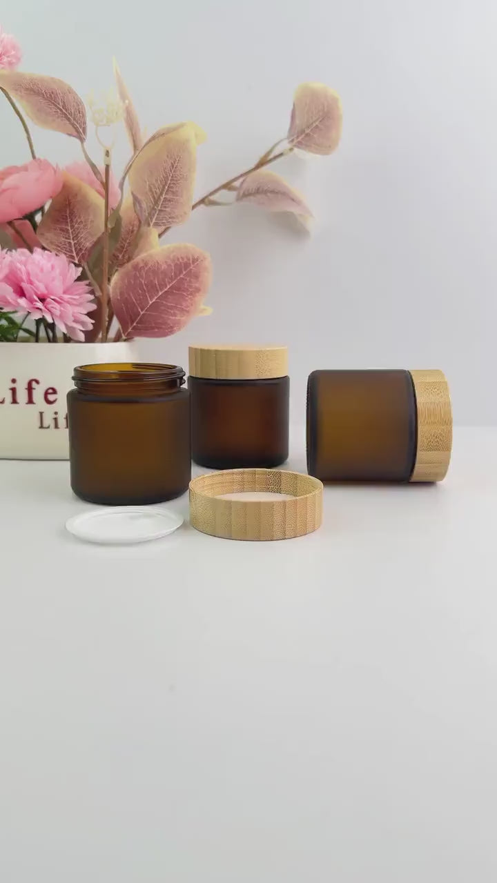 100g Amber Frosted Glass Cream Jar with Bamboo Caps