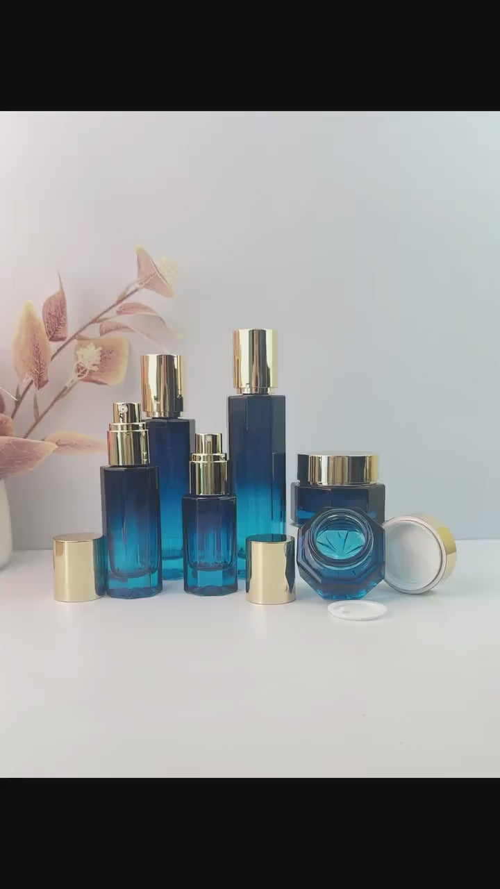 Blue Glass Cosmetic Container whit Gold Cap