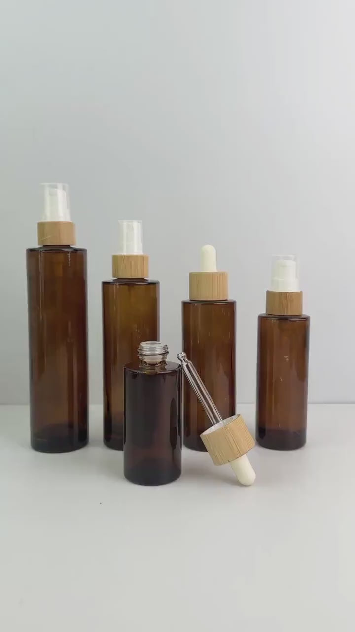 Amber Glass Bottle with Bamboo Collar Spray Lotion Pump Dropper