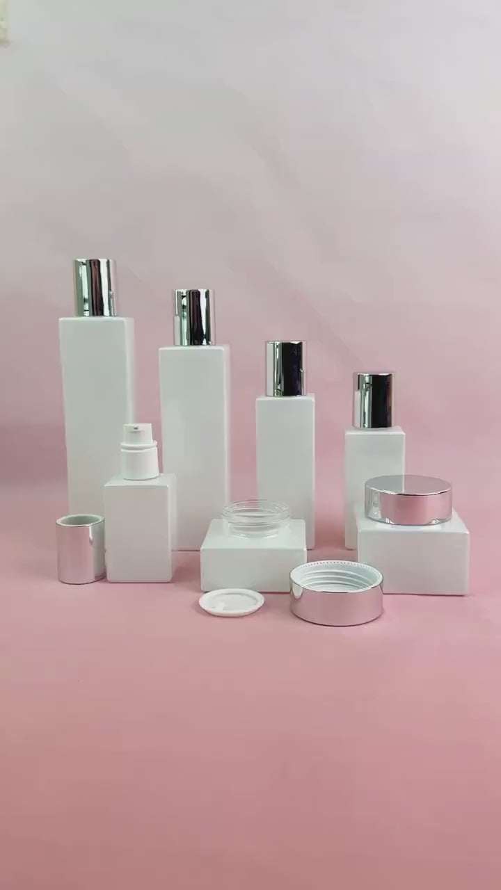 Elegant White Square Glass Cosmetic Containers