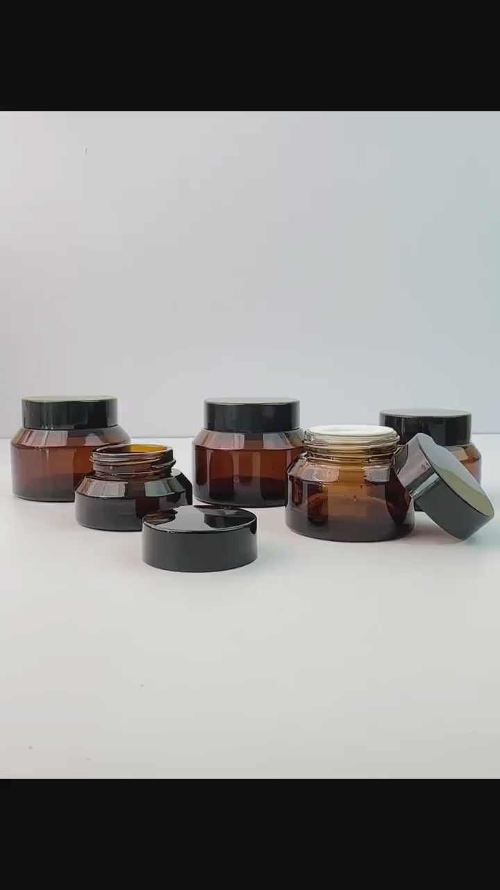 Amber Glass Cream Jars with Black Lid and Inner Liner