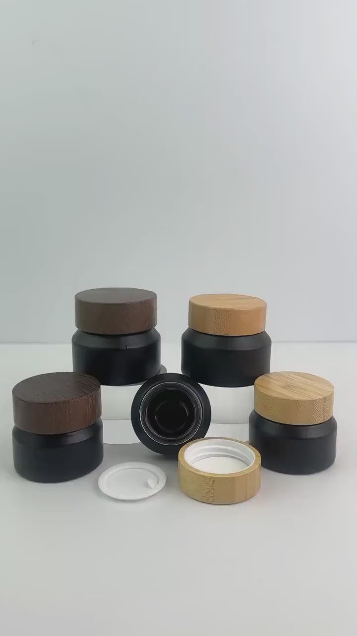15g 30g 50g Black Matte Glass Cream Jar with Wooden Cap