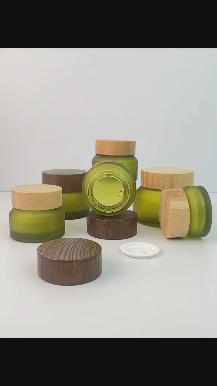Refillable Frosted Cosmetic Jars with Wood Grain Lid