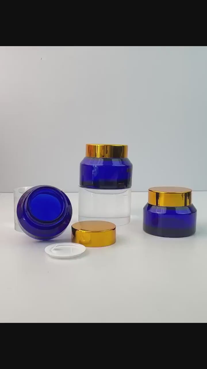 Sapphire Blue Glass Cosmetic Cream Jars with Gold Plastic Cap