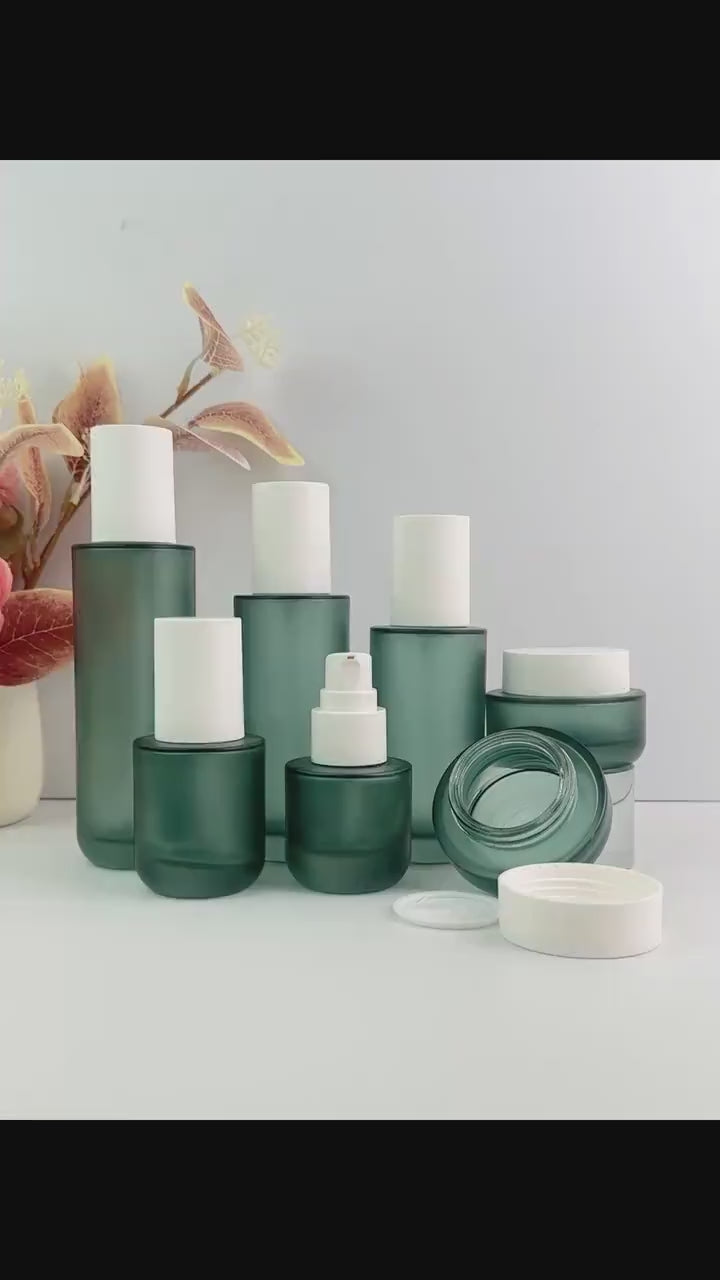 Premium Frosted Green Glass Cosmetic Bottles & Cream Jars
